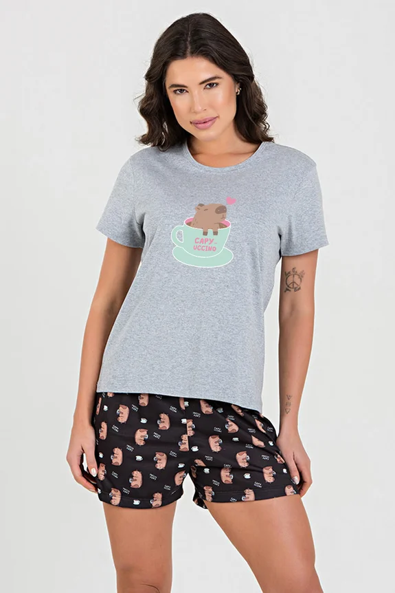 7122 PIJAMA FEMININO CURTO ESTAMPA CAPIVARA